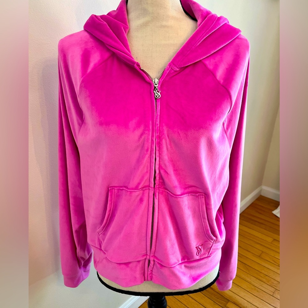 VS Bright Pink Full Zip Velour Hoodie-NWOT